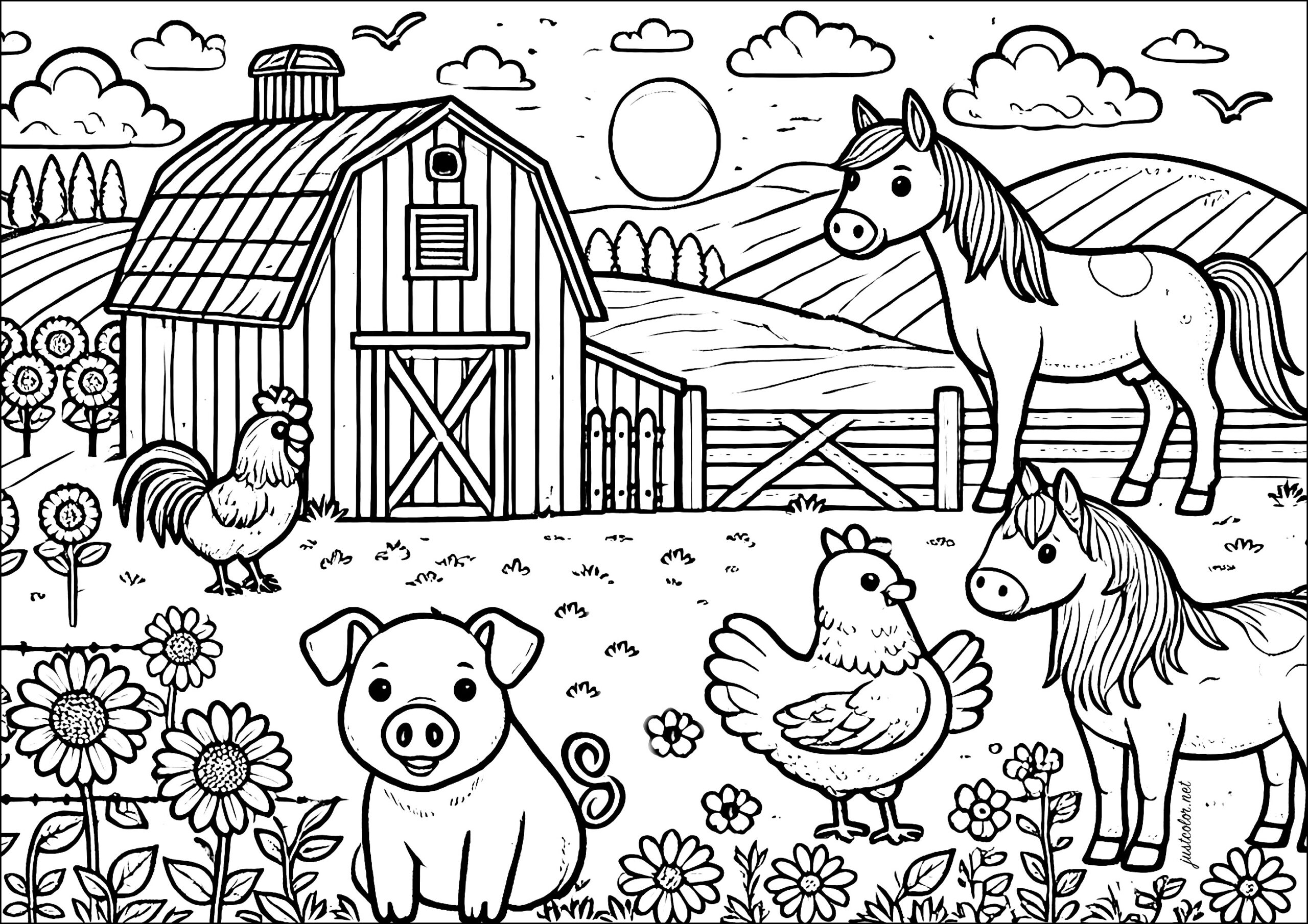 Colorful farm scene with animals like a horse, pig, and rooster in a barn setting. Farm Animals Coloring Pages For Preschool