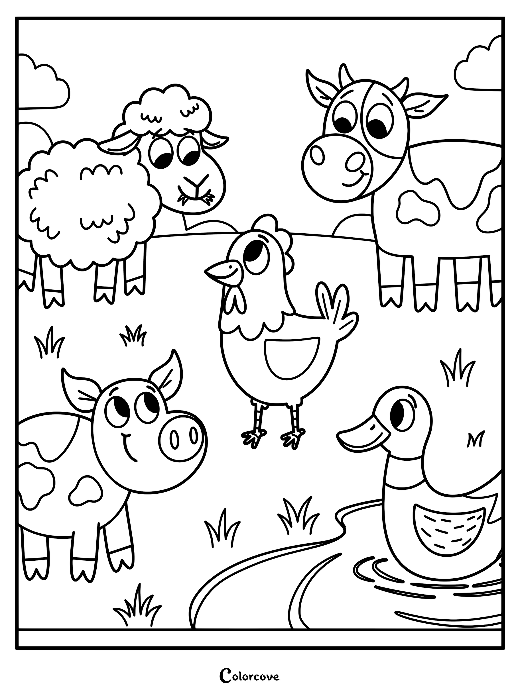 Colorful farm scene featuring a cow, sheep, chicken, pig, and duck in a grassy field. Farm Animals Colouring Pages Printable