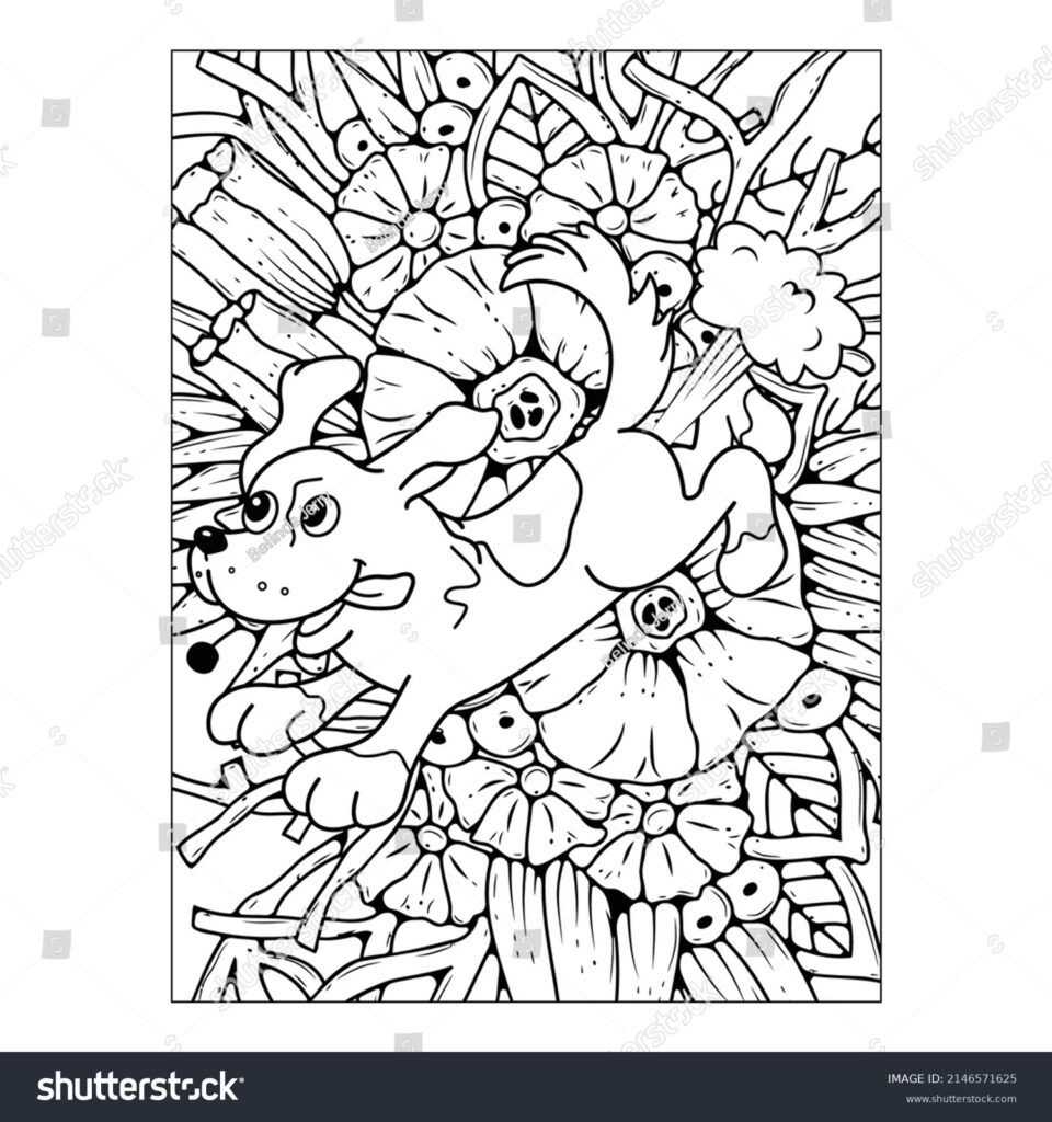 A humorous coloring page of a dog surrounded by mushrooms and funny elements