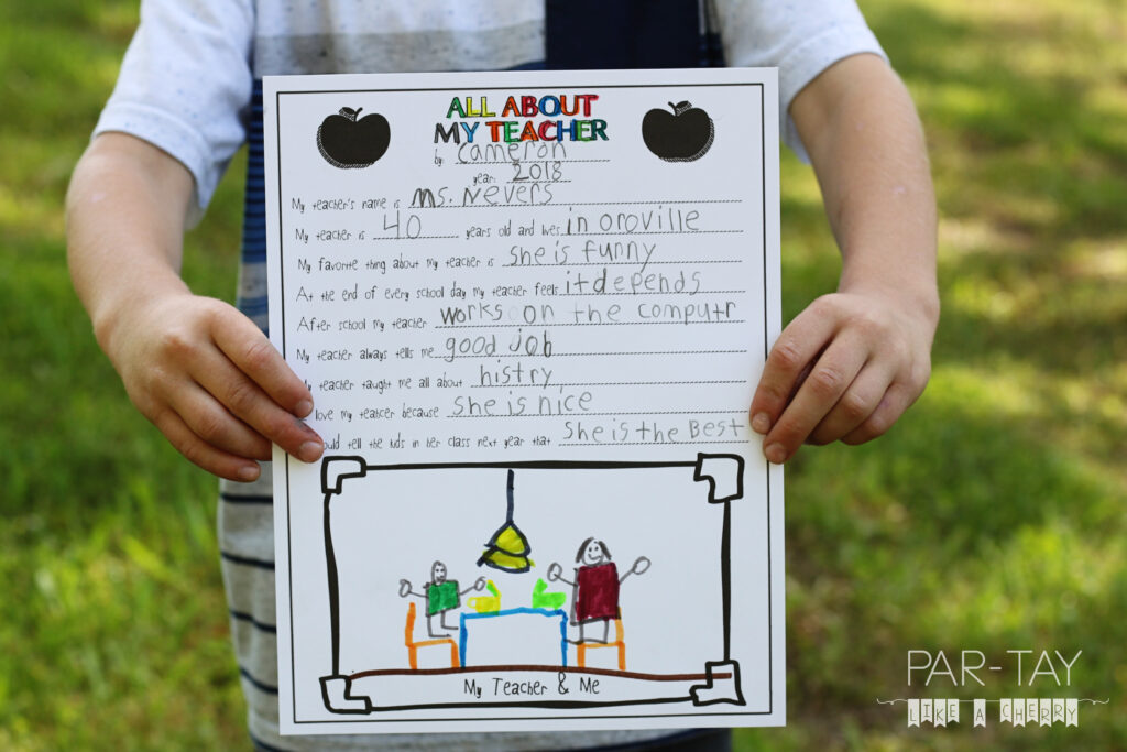 Favorite Thing About My Teacher - Printable worksheet titled 'All About My Teacher' showcasing student reflections on their t