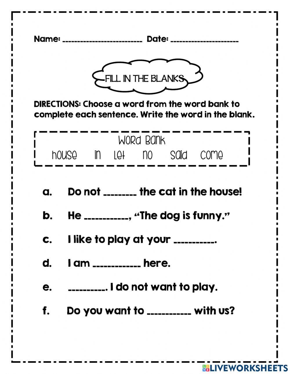 Fill In The Blank Template - Free Fill In The Blank Worksheets Fill In The Blank Worksheet | TPT