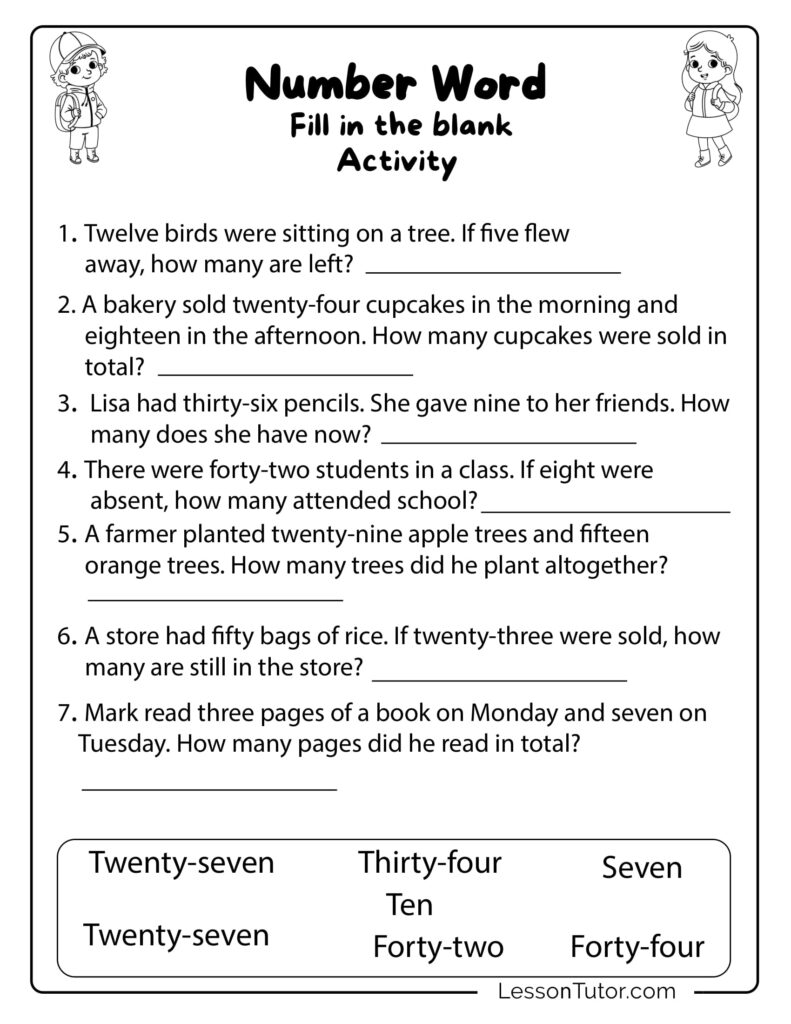 Fill In The Blank Worksheets Kindergarten – Number Word Activity Engaging Fill In The Blank Worksheets Kindergarten with number word activities for young learners