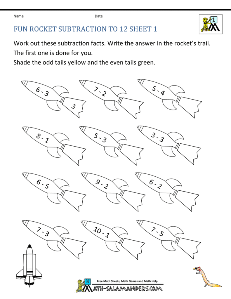 Fun rocket-themed subtraction worksheet for first grade math practice
