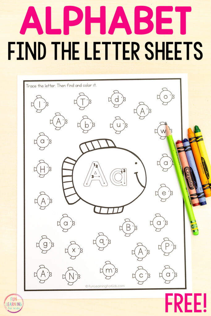 Colorful fish-themed worksheet for tracing and coloring the letter A