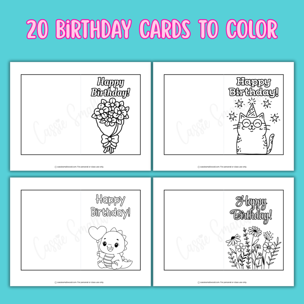 Collection of foldable free printable birthday cards featuring various designs to color
