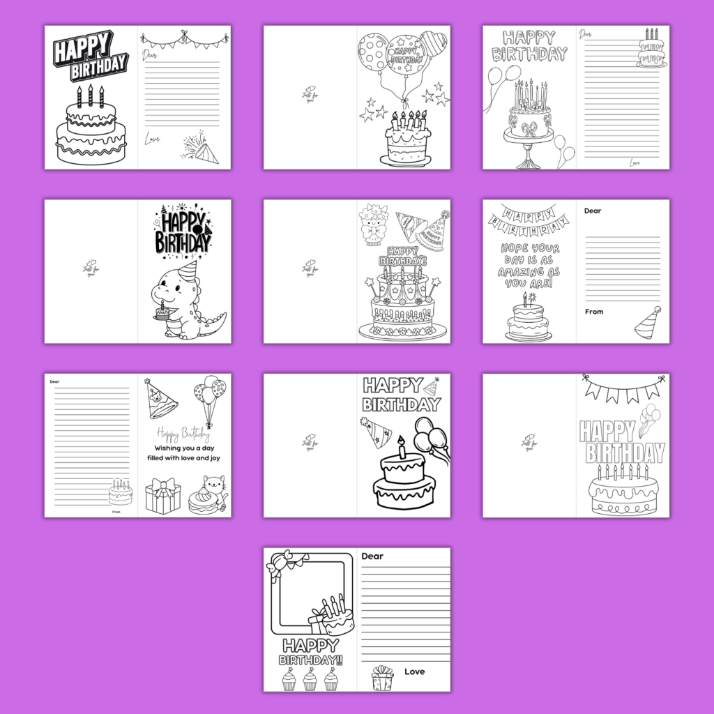 Collection of foldable printable birthday cards to color featuring cakes, balloons, and festive designs
