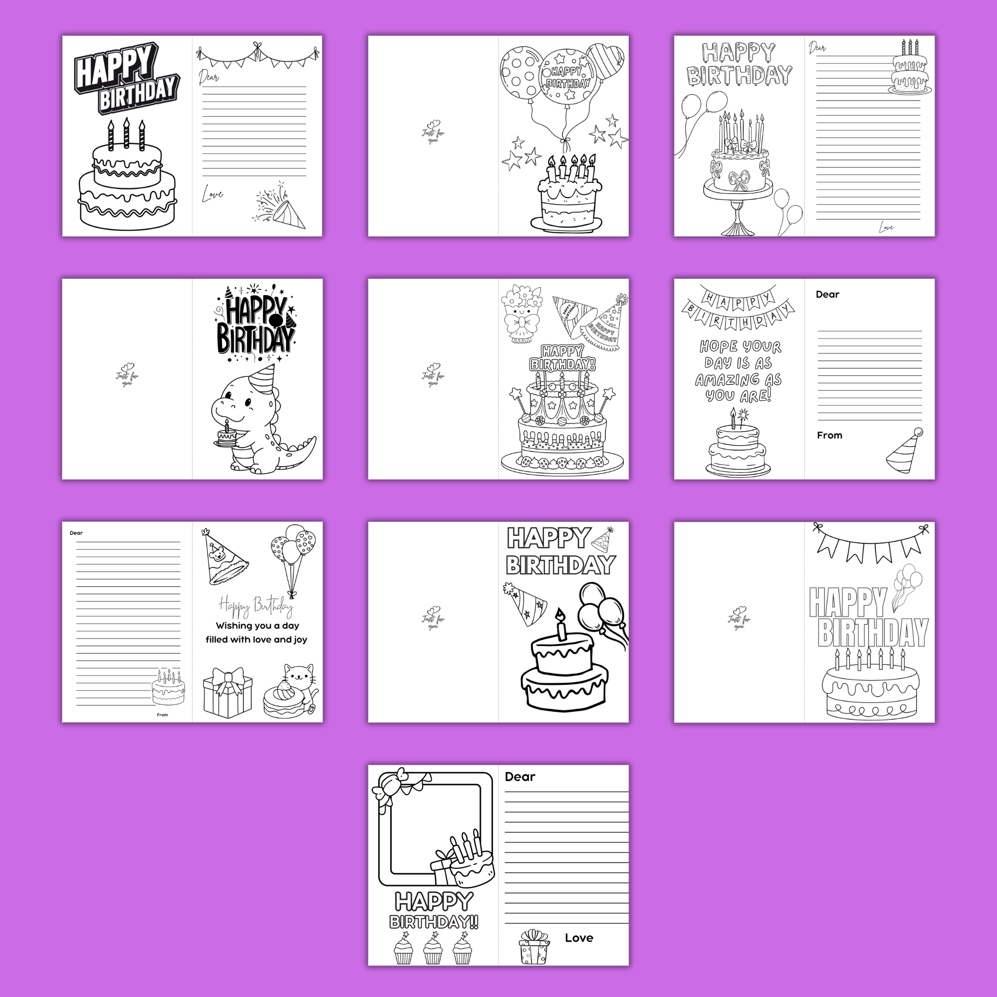 Collection of foldable printable birthday cards to color featuring cakes, balloons, and festive designs