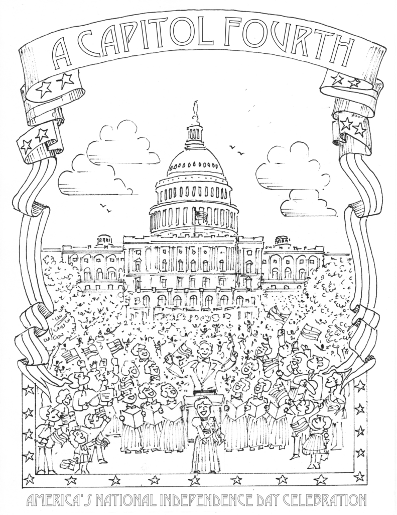 Coloring page of Capitol building with crowd celebrating Independence Day