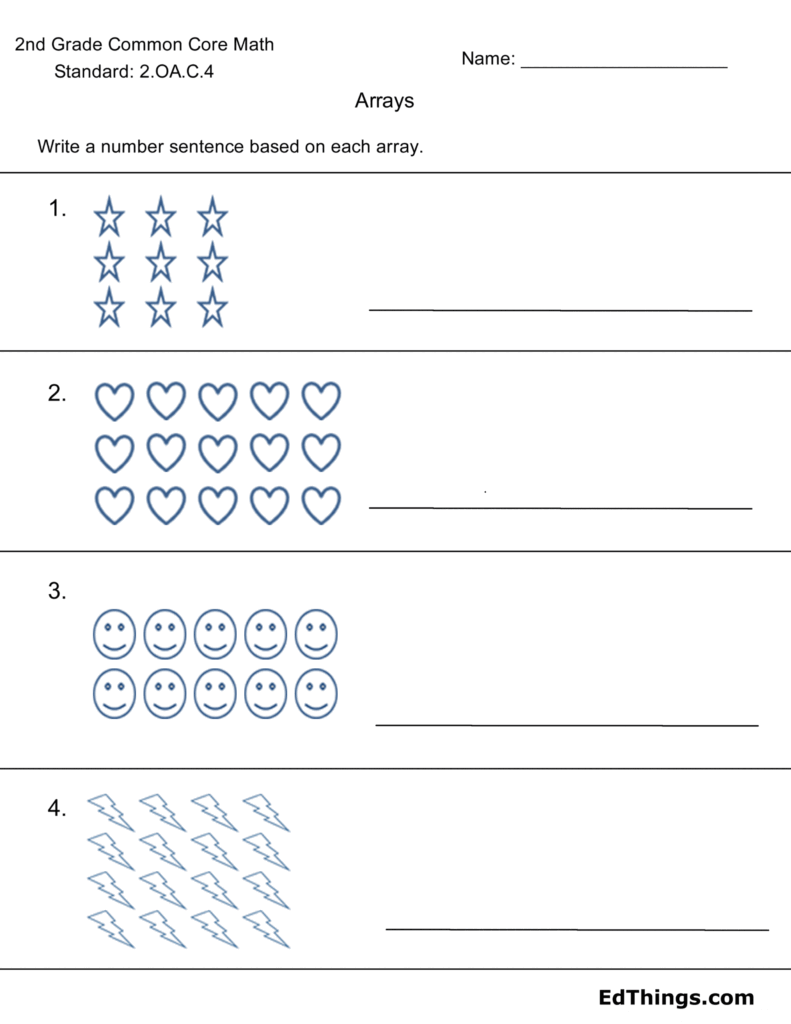 Free 2nd Grade Math Worksheets – Arrays Activity Free 2nd Grade Math Worksheets featuring an arrays activity with stars, hearts, smiles, and lightning bolts
