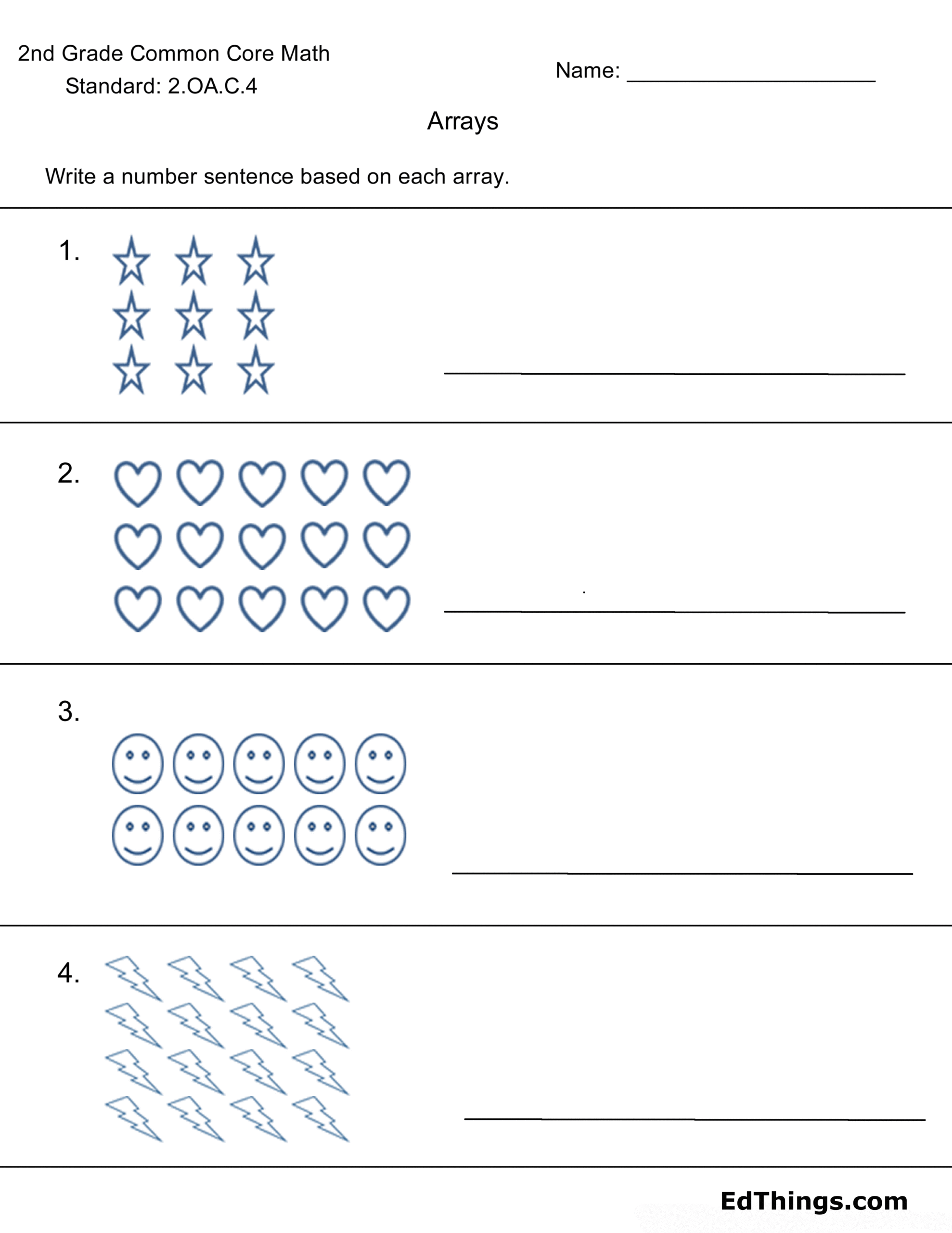 Free 2nd Grade Math Worksheets featuring an arrays activity with stars, hearts, smiles, and lightning bolts