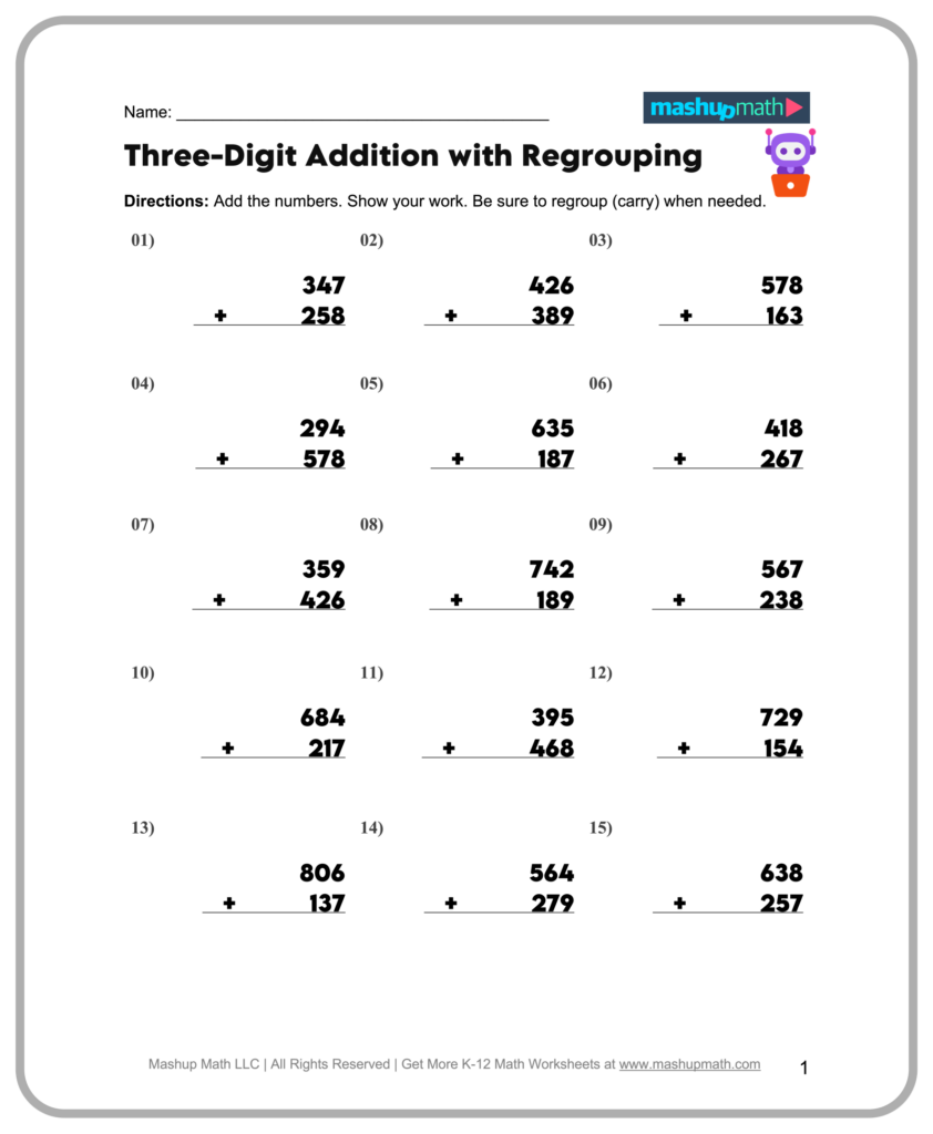 Free 3rd grade math worksheet for three-digit addition with regrouping exercises