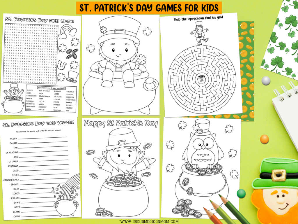 Free Activity Sheets For Kids Printable featuring St. Patrick's Day games and coloring activities