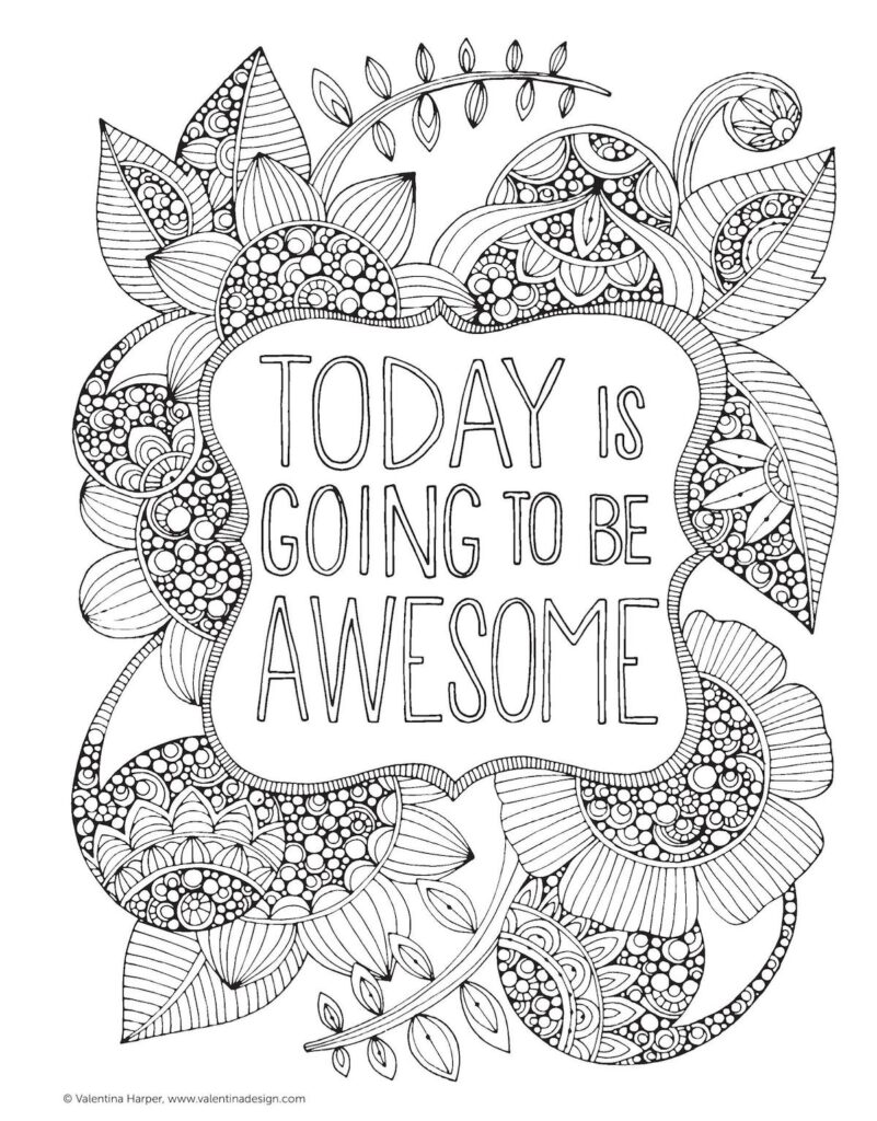 Free Printable Easy Adult Coloring Pages featuring an inspirational quote surrounded by floral designs