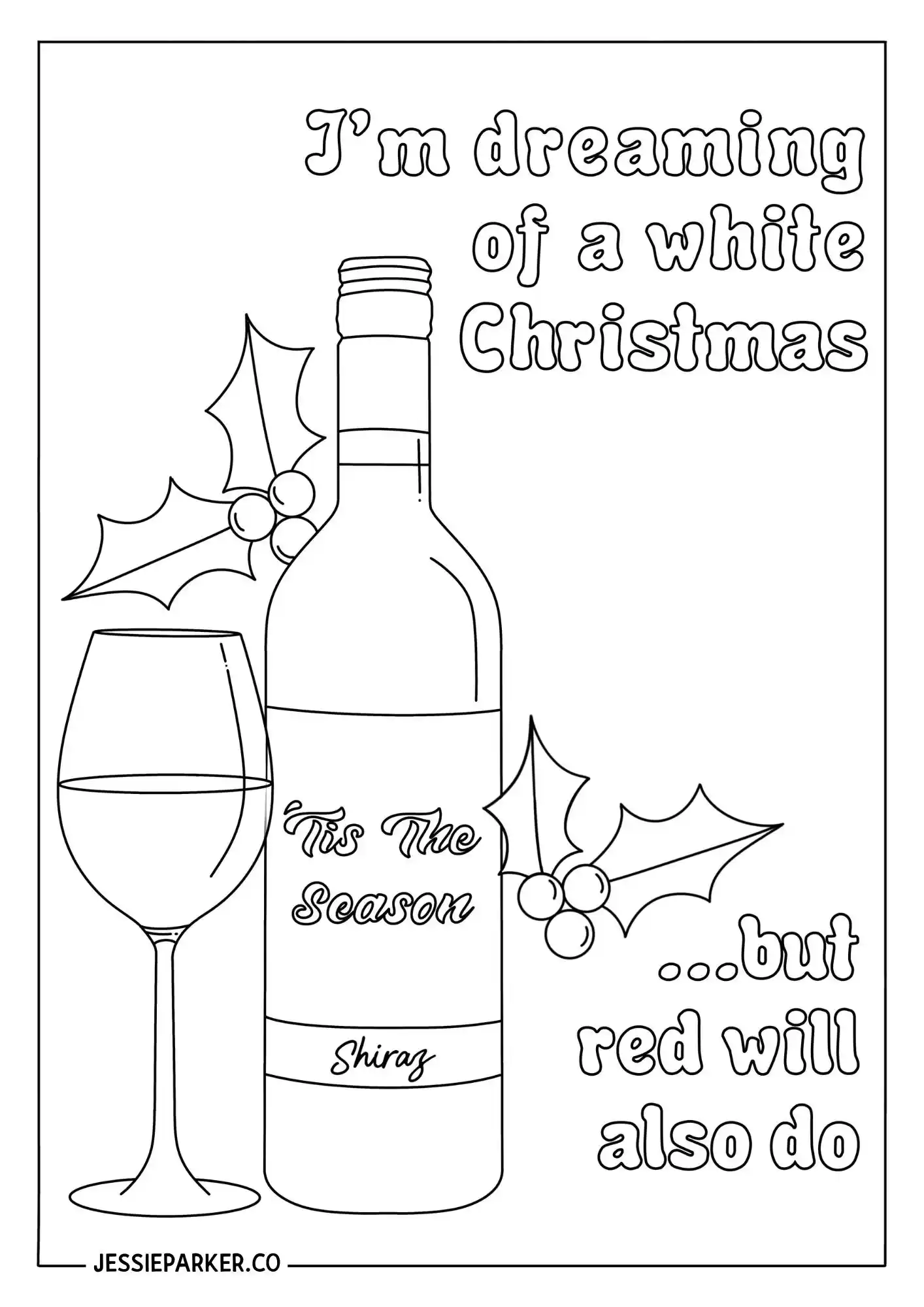 Free Adult Coloring Pages For Christmas featuring a wine bottle and holly design for coloring