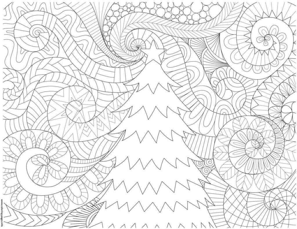 Free Adult Holiday Coloring Pages – Christmas Tree Design Intricate design of a Christmas tree surrounded by swirls in Free Adult Holiday Coloring Pages