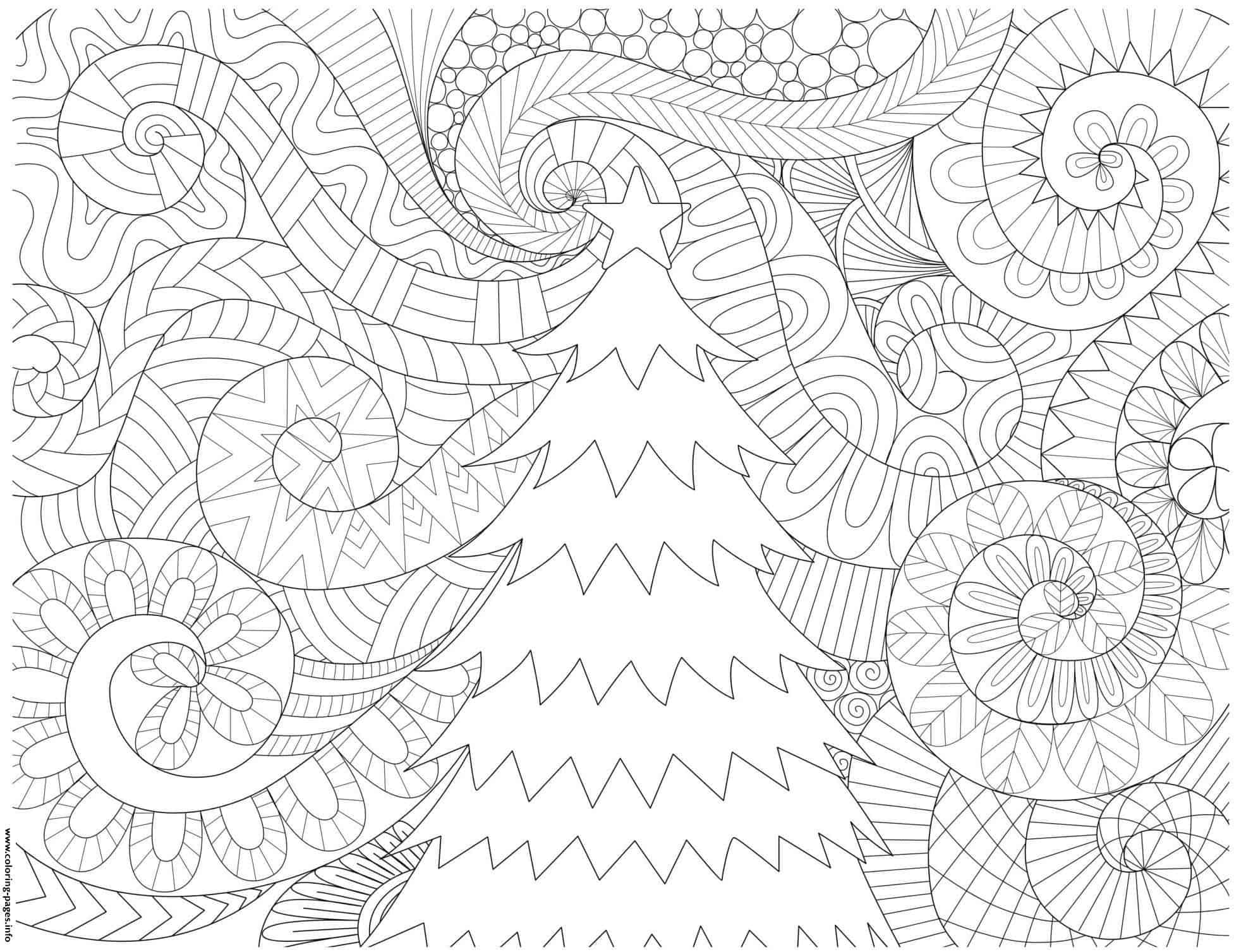 Intricate design of a Christmas tree surrounded by swirls in Free Adult Holiday Coloring Pages