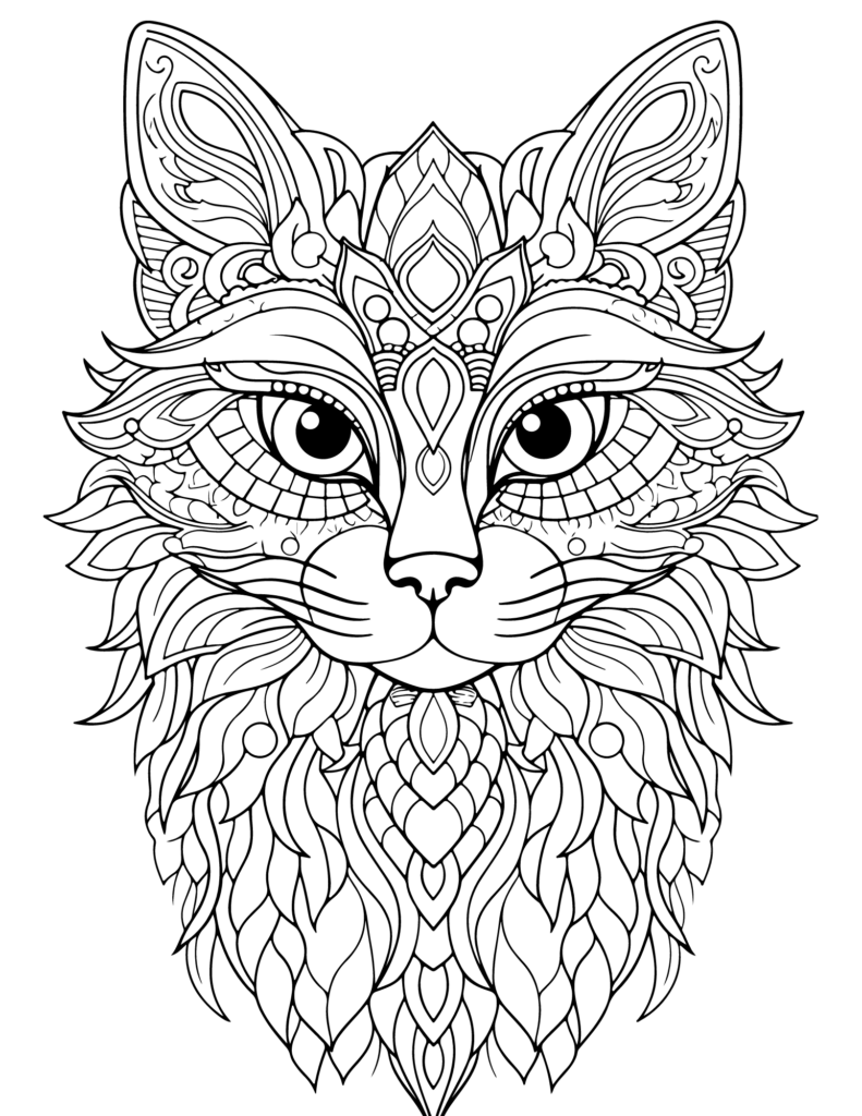 Free Animal Adult Coloring Pages showcasing a beautifully intricate cat illustration for coloring