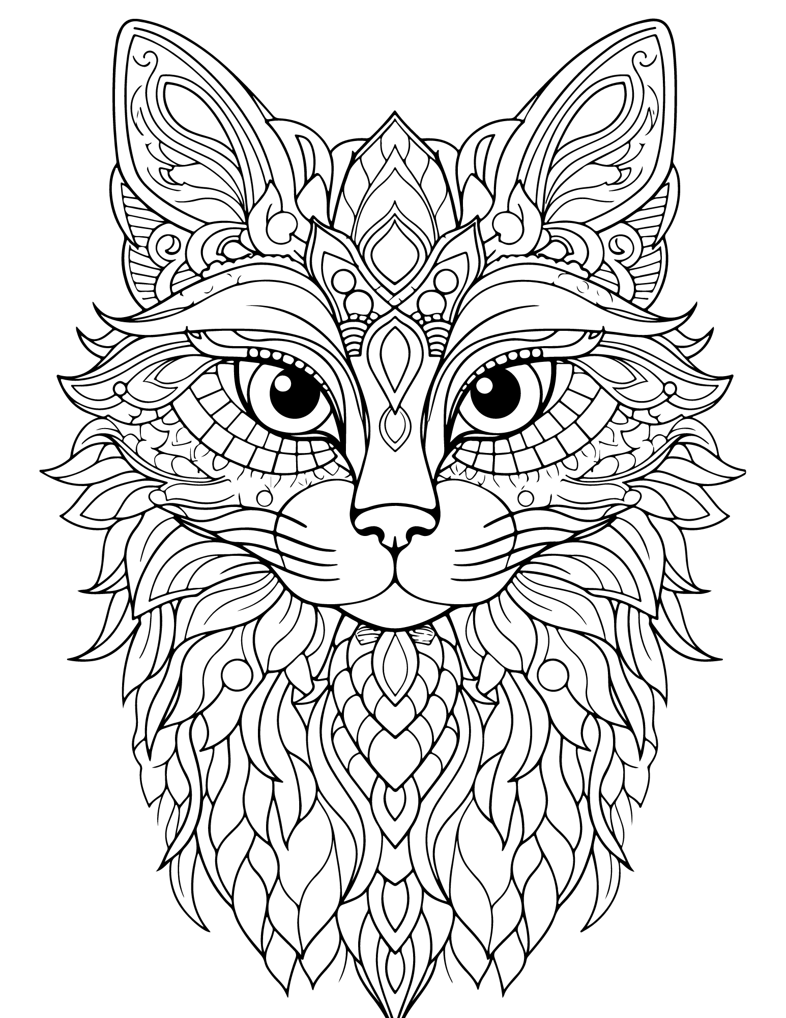 Free Animal Adult Coloring Pages showcasing a beautifully intricate cat illustration for coloring