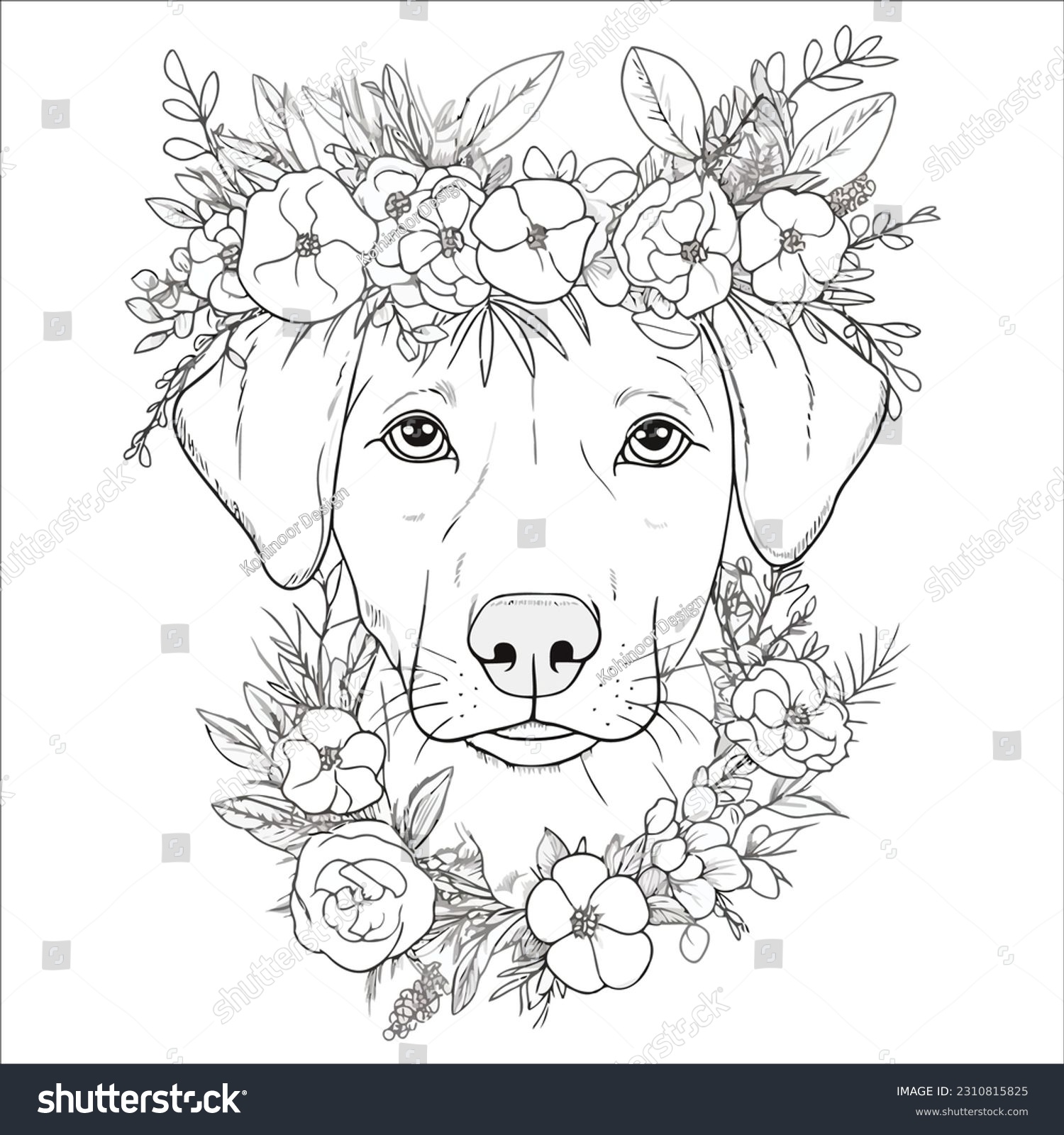 Free Animal Coloring Pages For Adults featuring a flower-adorned dog illustration