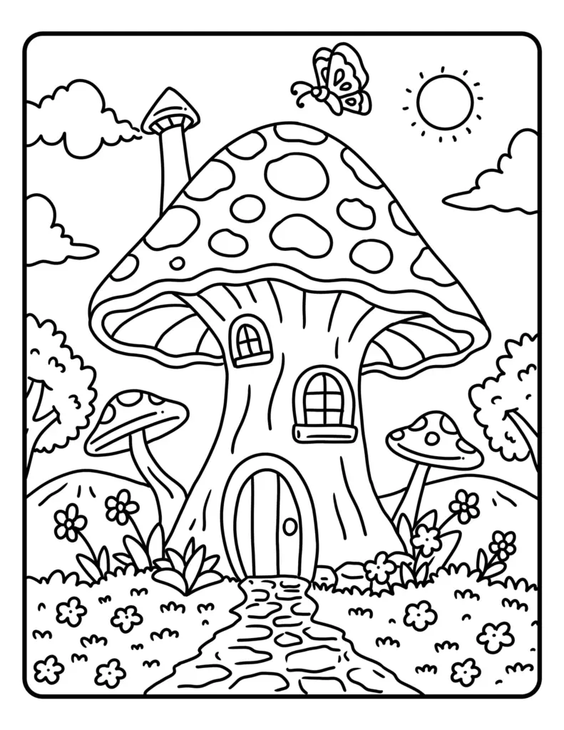 Free bold and easy coloring page of a whimsical mushroom house