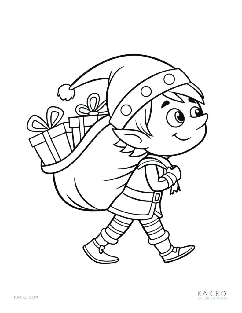 Free Printable Childrens Christmas Coloring Pages – Elf Carrying Gifts Free Printable Childrens Christmas Coloring Pages showing an elf happily carrying a sack of gifts