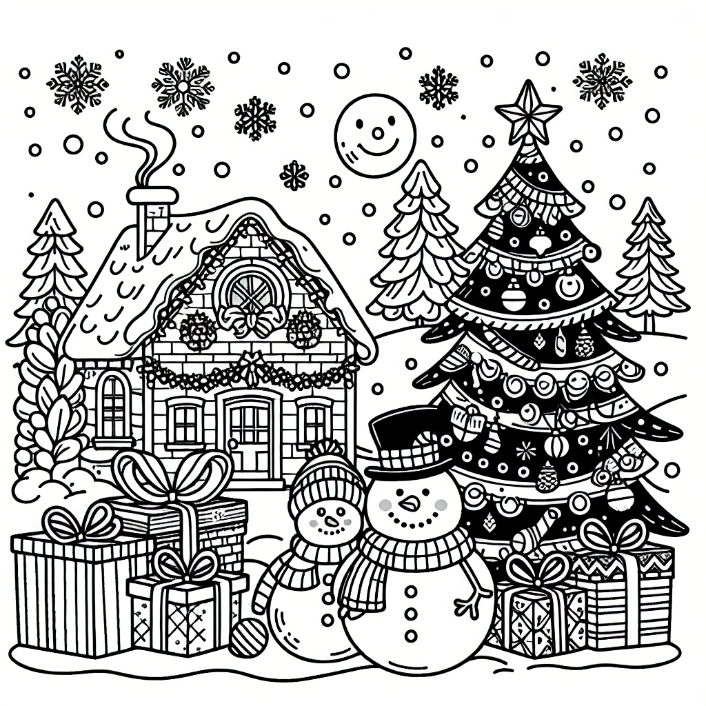 A festive Christmas scene with snowmen, a house, and a decorated tree for coloring