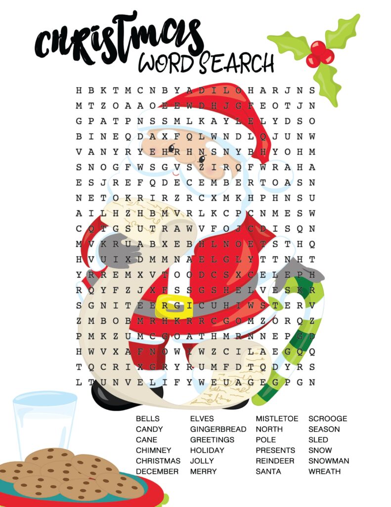 Free Christmas Printables For Kids - Engaging Santa word search printable for kids featuring festive words and holiday cheer