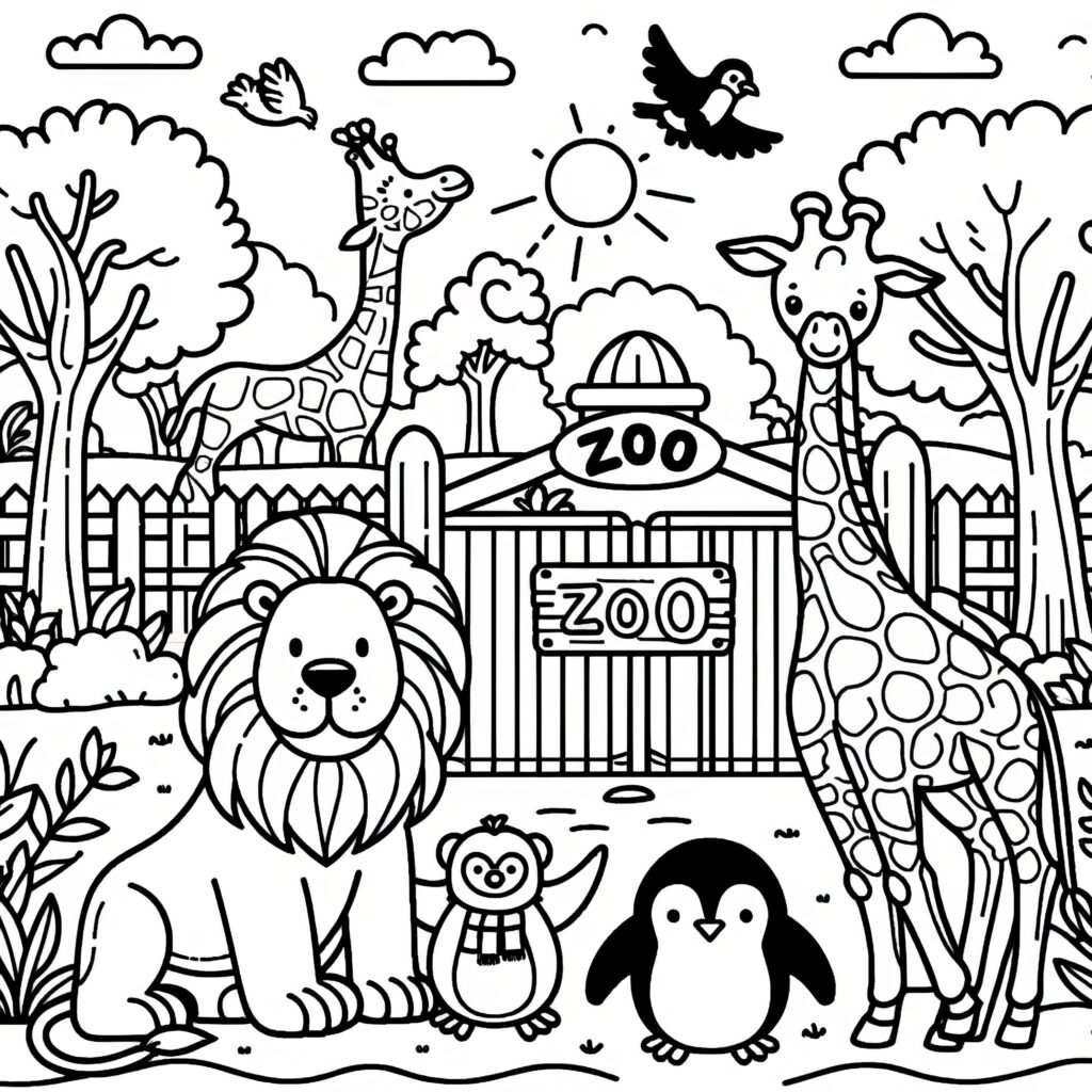 Free Color Pages Of Animals – Zoo Scene with Lion, Giraffe, and Penguin Free Color Pages Of Animals featuring a lion, giraffe, and penguin in a zoo setting
