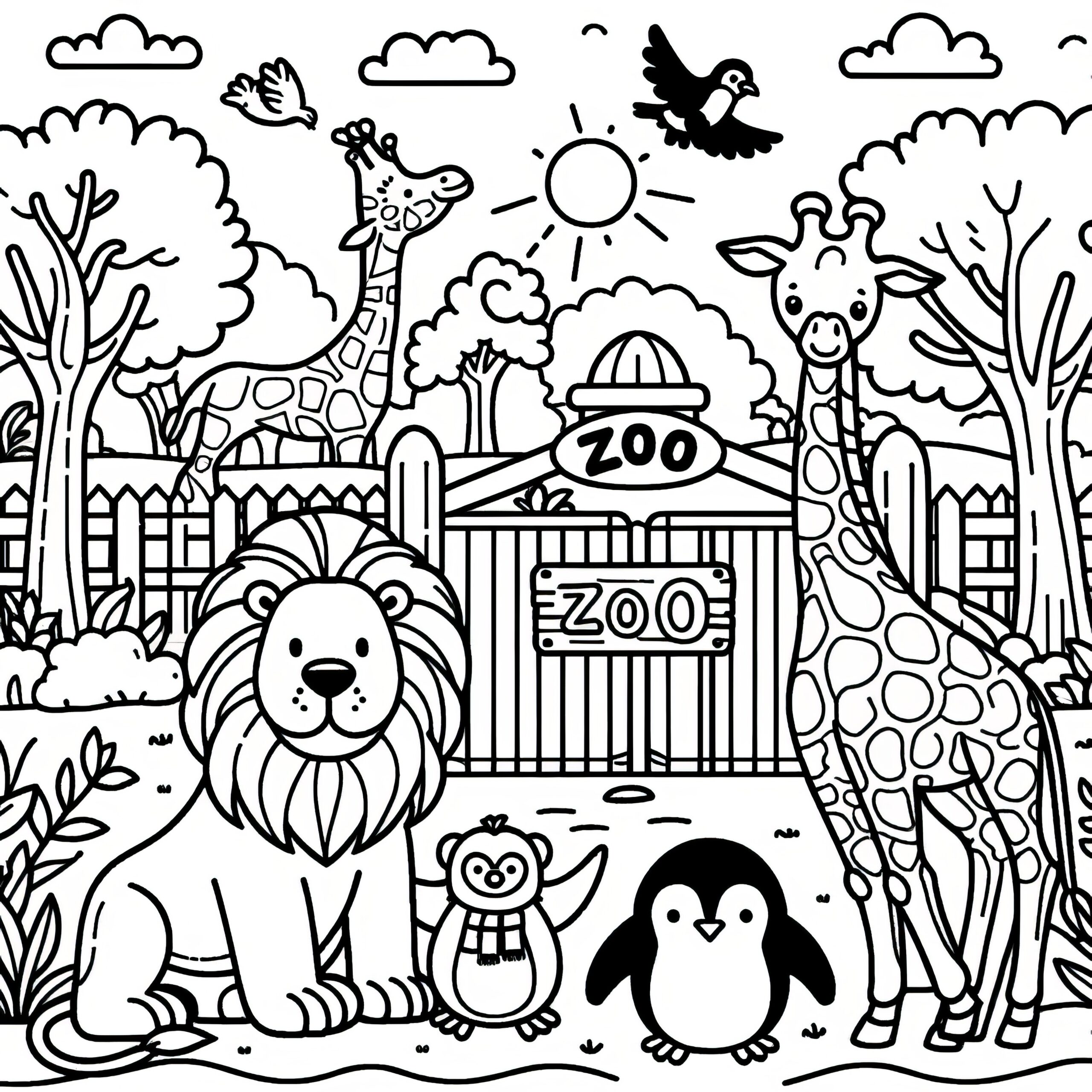 Free Color Pages Of Animals featuring a lion, giraffe, and penguin in a zoo setting