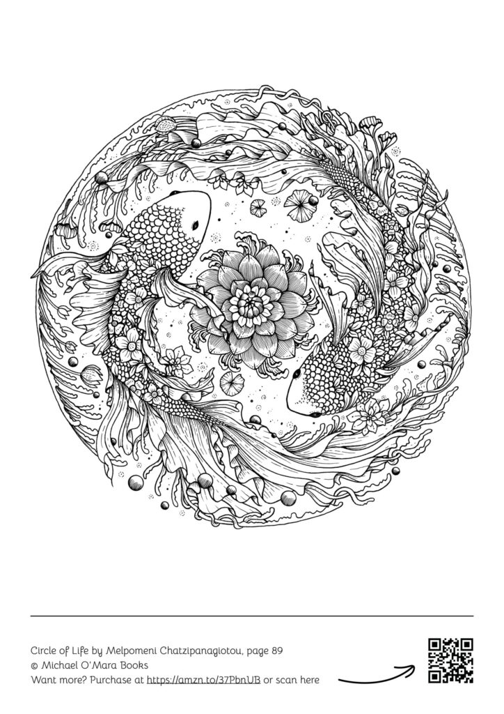 Free Coloring For Adults Online featuring a detailed fish and flower design for relaxation