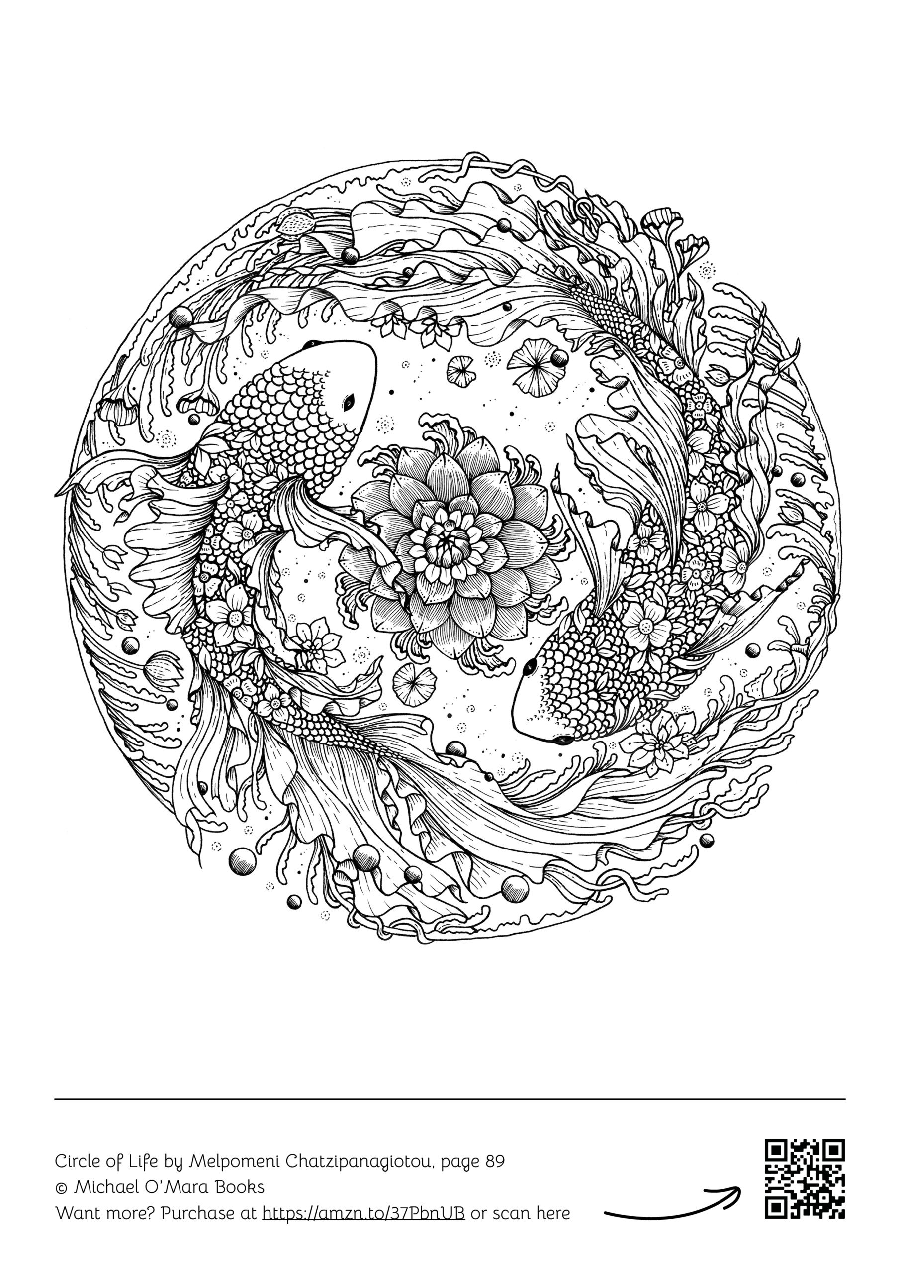 Free Coloring For Adults Online featuring a detailed fish and flower design for relaxation