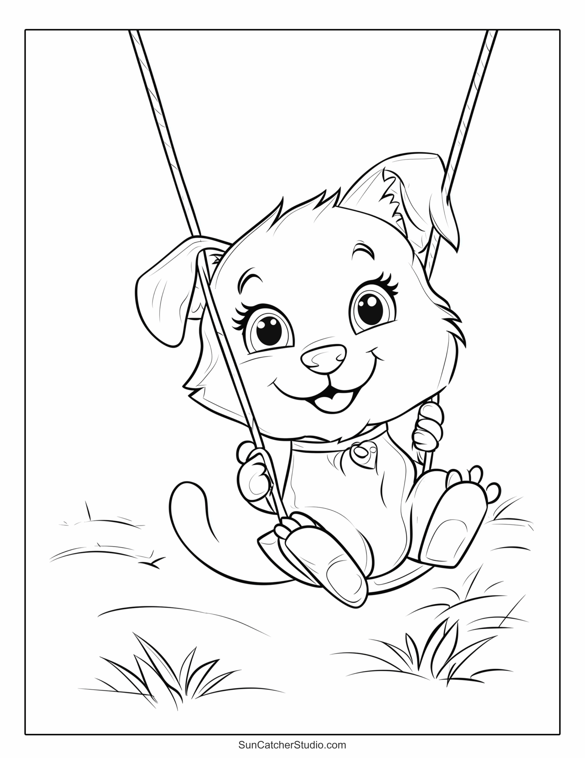 Free Coloring Pages Dogs And Cats featuring a happy puppy swinging on a swing