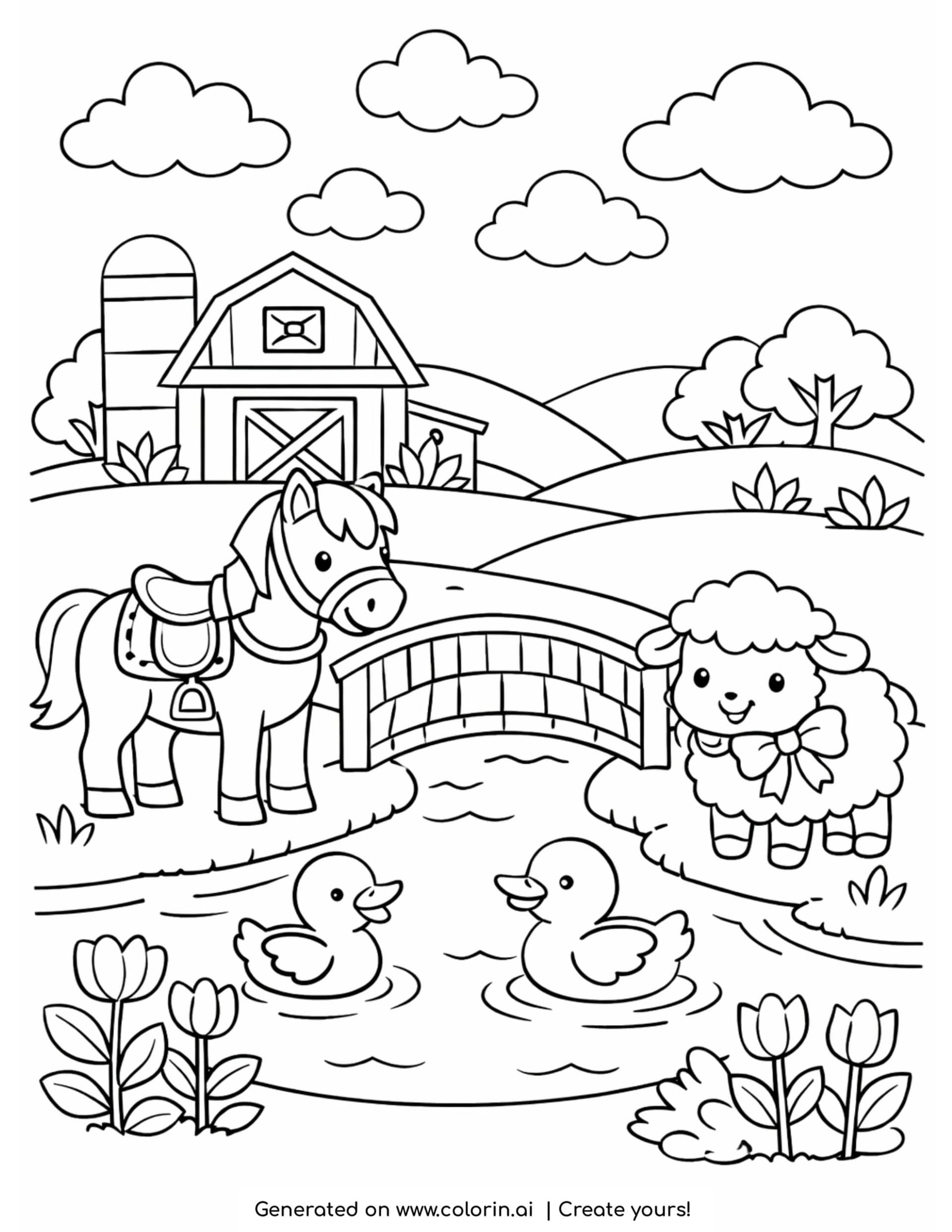 Free Coloring Pages Farm Animals featuring a horse, sheep, and ducks by a river and bridge