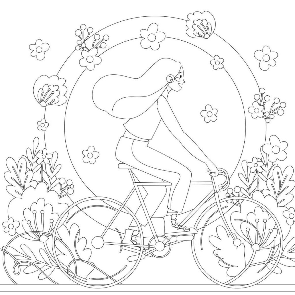 A whimsical coloring page showing a woman riding a bicycle surrounded by flowers