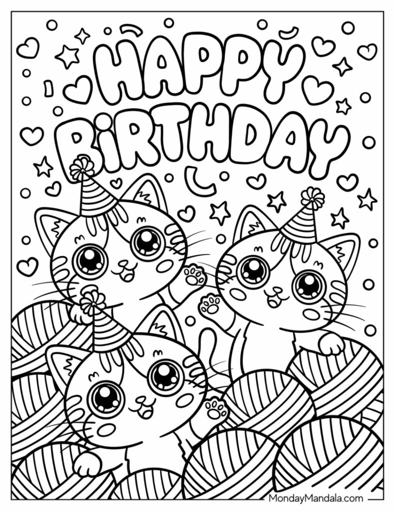 Free Coloring Pages For Birthday – Cute Cats Celebrating Free Coloring Pages For Birthday featuring cute cats with party hats and balloons