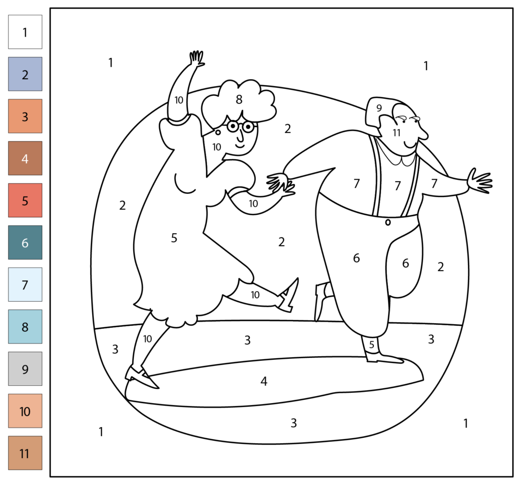 Engaging free coloring pages for seniors featuring a color by number activity with joyful characters