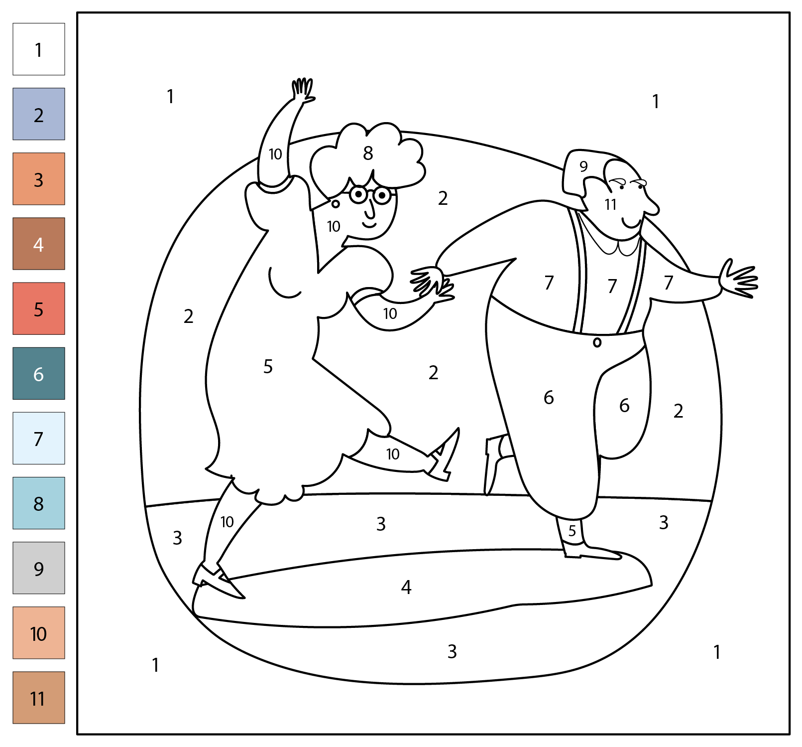Engaging free coloring pages for seniors featuring a color by number activity with joyful characters