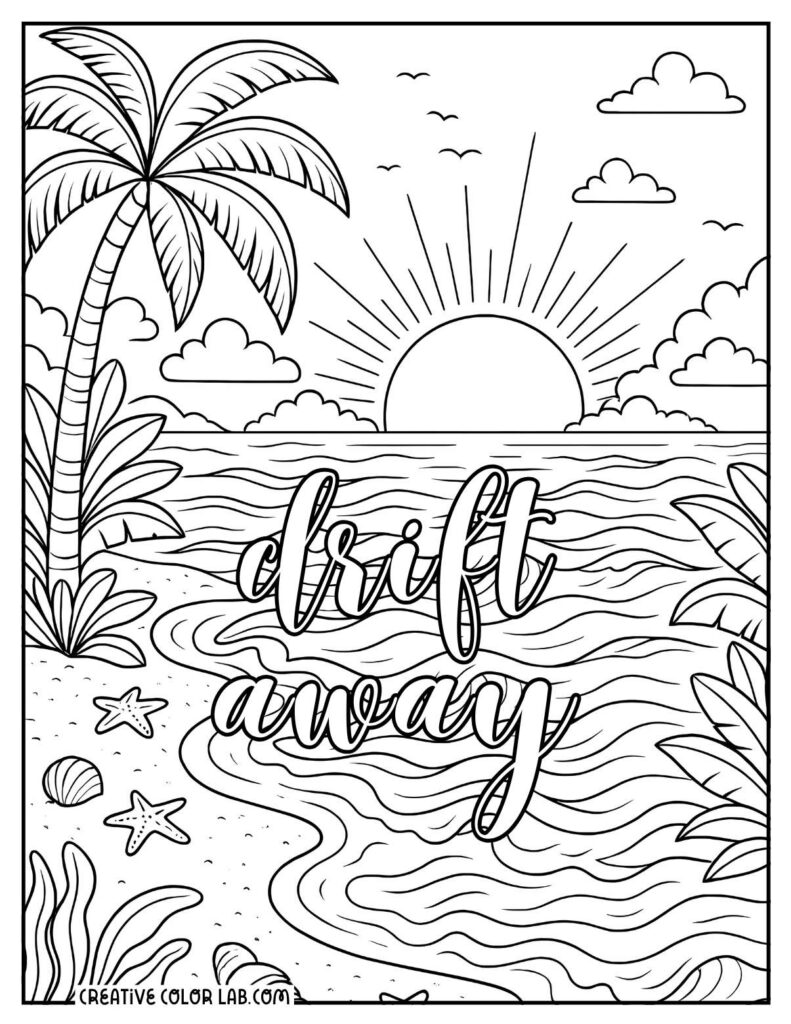 Free Coloring Pages For Summer – Drift Away Scene Free Coloring Pages For Summer featuring a beach scene with palm trees and ocean waves