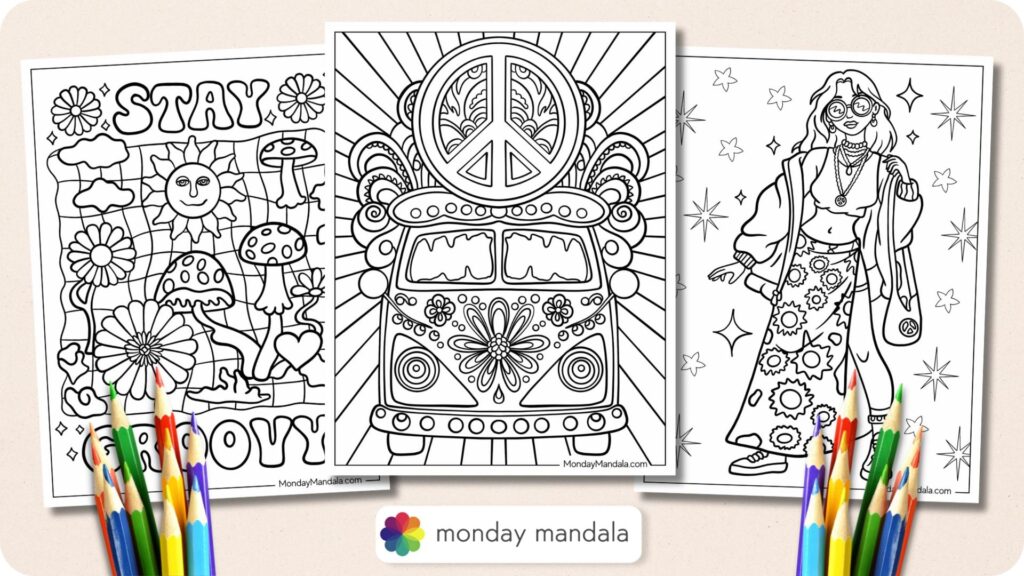 Free Coloring Pages For Teens featuring hippie designs with peace symbols and vibrant patterns