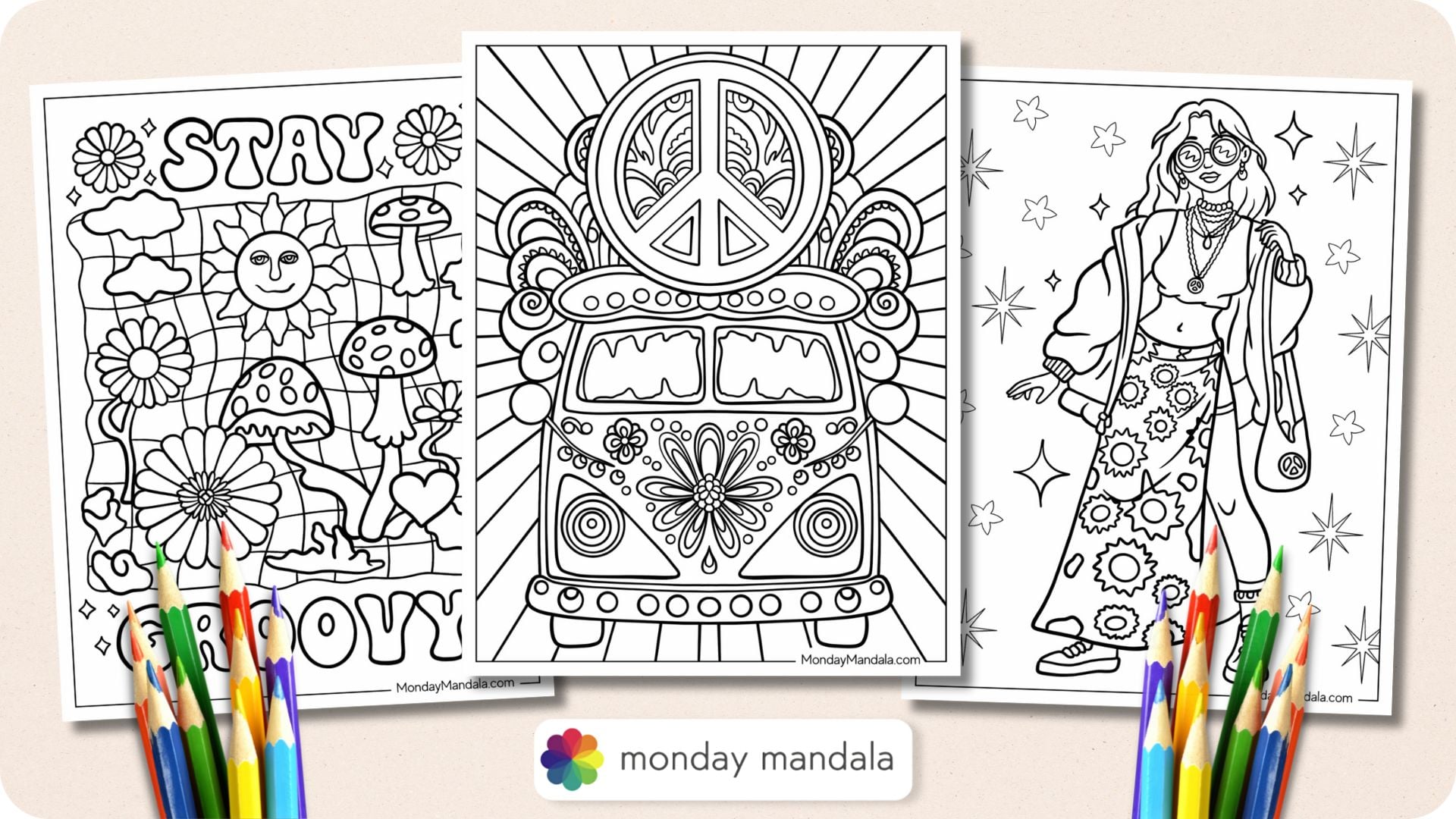 Free Coloring Pages For Teens featuring hippie designs with peace symbols and vibrant patterns