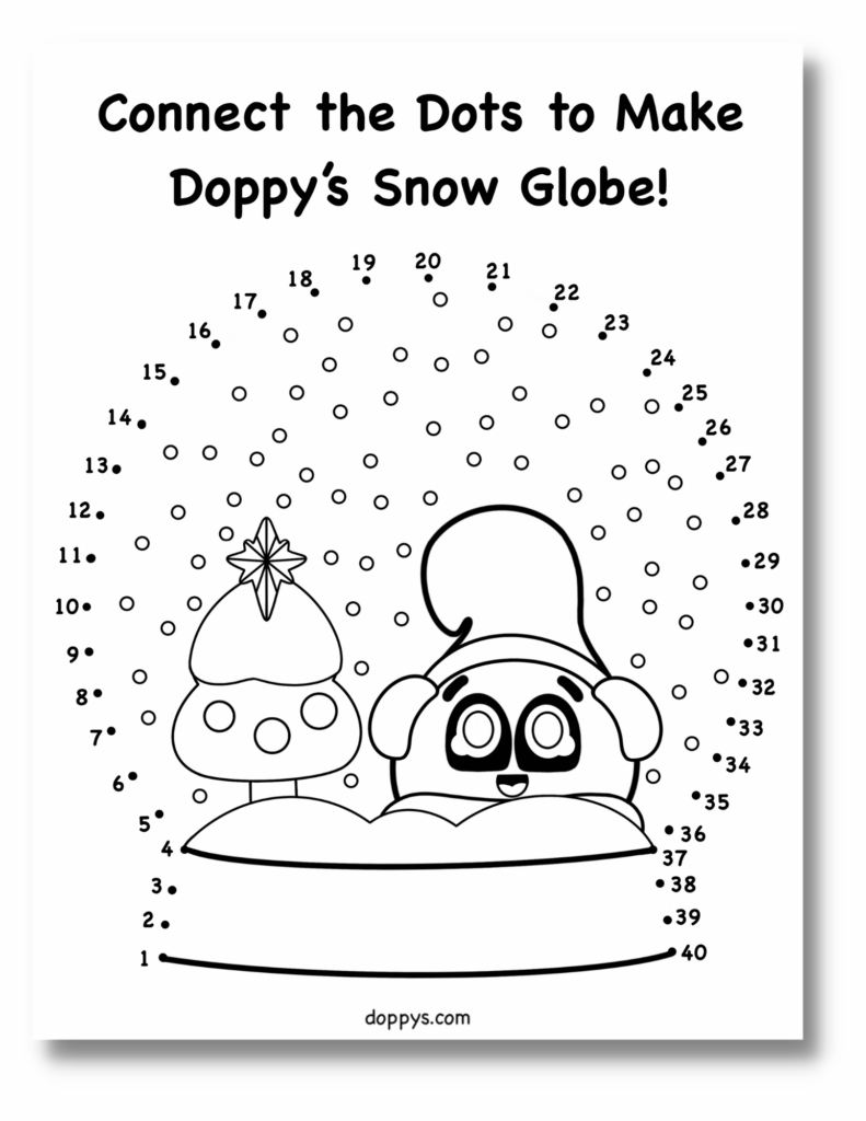 Free Dot To Dot Printables For Kids featuring a snow globe with a cheerful character and a Christmas tree
