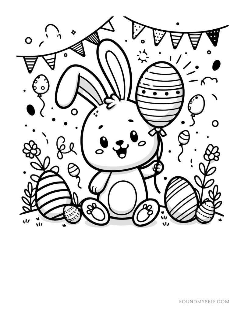 Cute Easter coloring book drawings featuring a bunny and decorated eggs