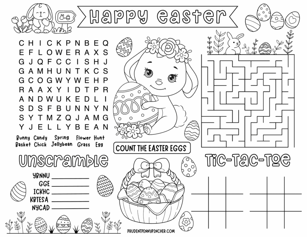 Free Easter Printables For Kids featuring an activity placemat with games and puzzles for children