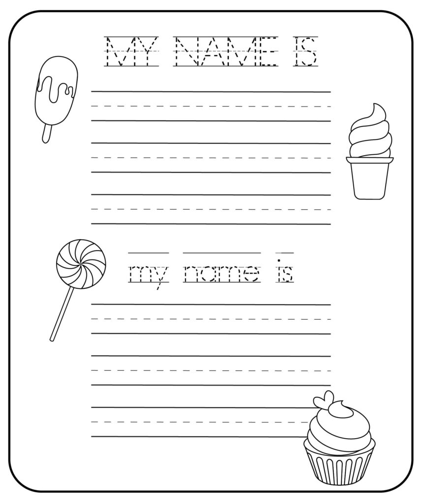 Free Editable Blank Name Tracing Worksheets featuring fun graphics like ice cream and candy