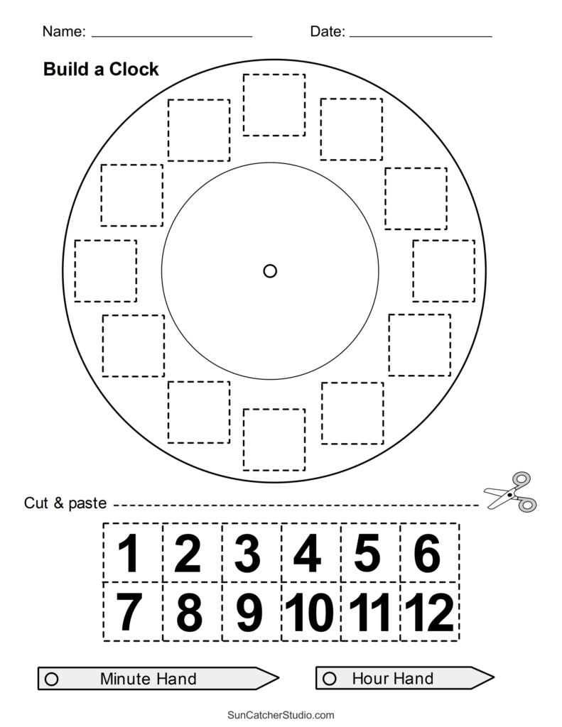 Free Educational Activities For Kindergarten featuring a cut and paste clock building worksheet