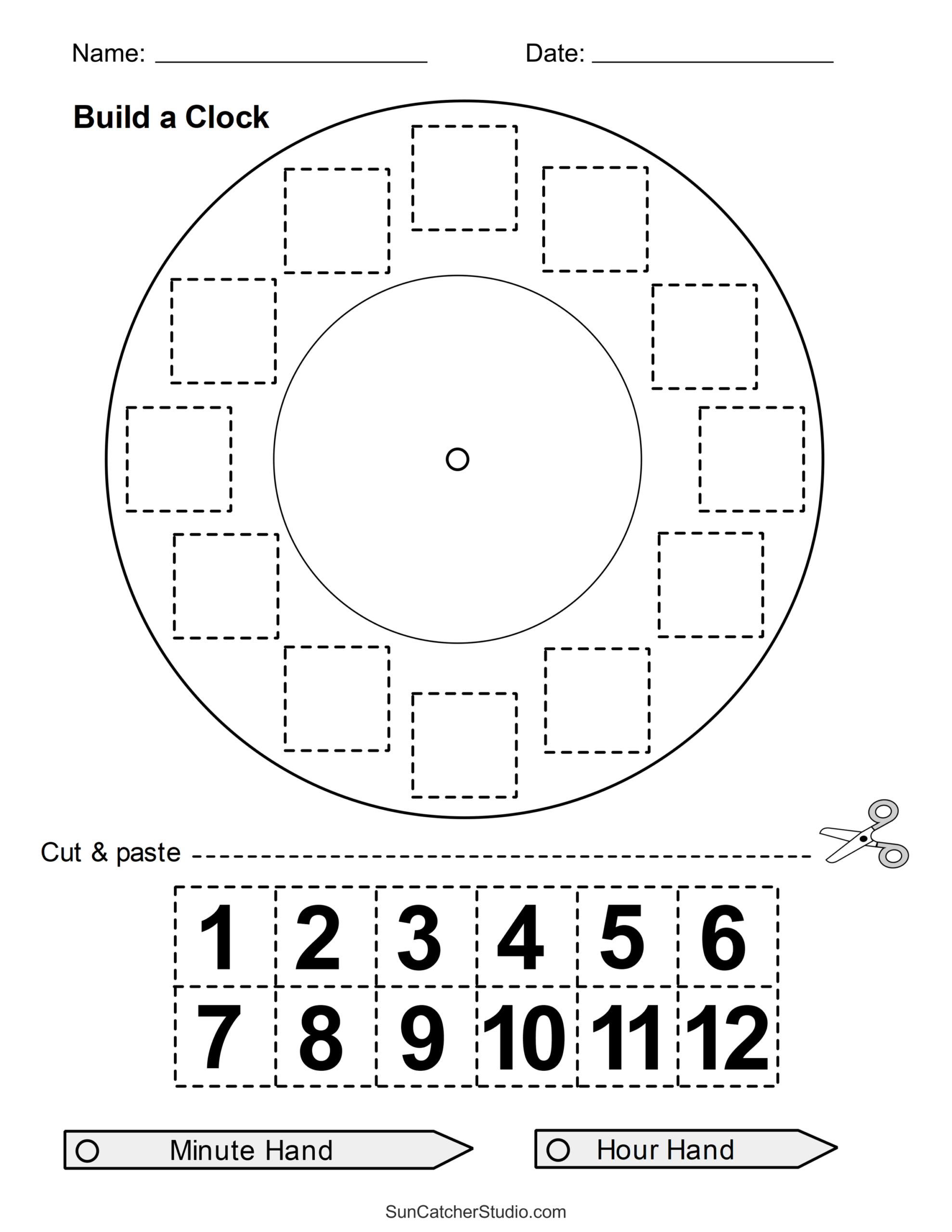 Free Educational Activities For Kindergarten featuring a cut and paste clock building worksheet