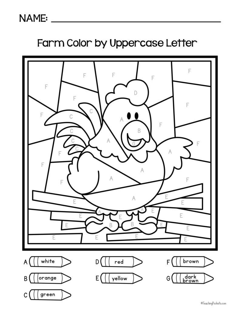 Fun farm animal color by letter worksheet featuring a chicken for kids to color