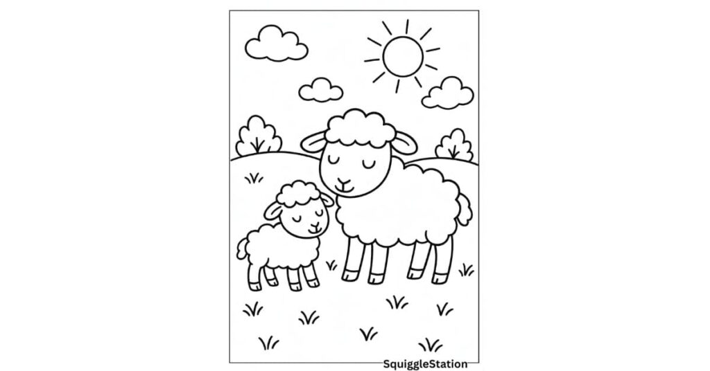 Free Farm Animal Coloring Sheets with a sheep and lamb in a sunny field