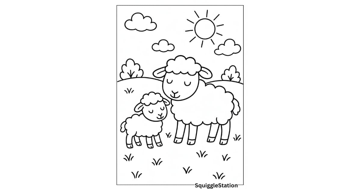 Free Farm Animal Coloring Sheets with a sheep and lamb in a sunny field