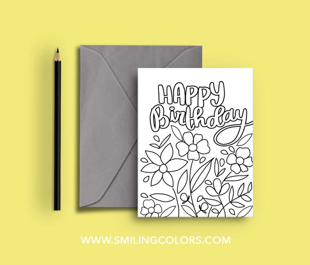 Foldable birthday card design featuring floral elements, ready for coloring